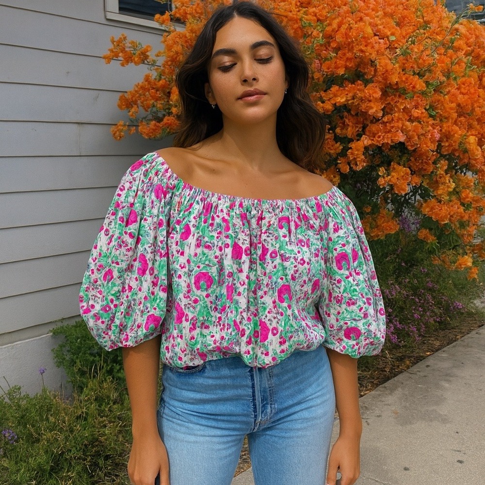 SZ Blockprints Top Womens Medium Pink Green Floral Print Off the Shoulder Cotton